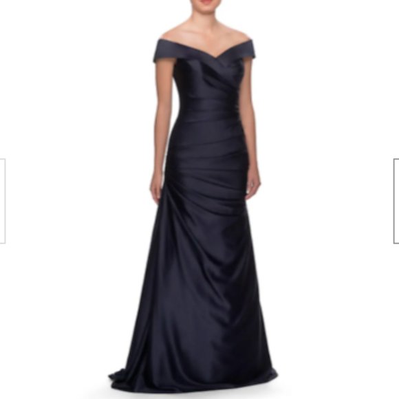 LA FEMME OFF THE SHOULDER SATIN TRUMPET GOWN 14